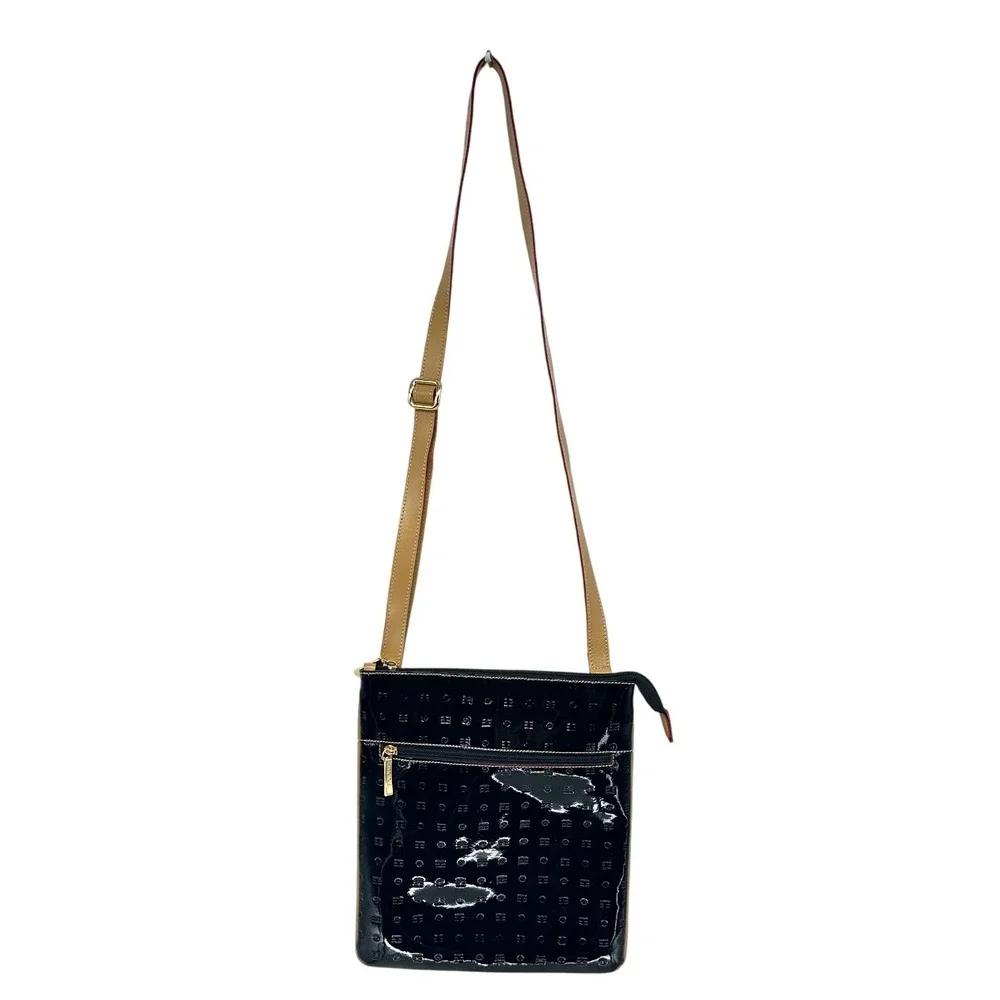 Arcadia Crossbody Bag Women Black Patent Leather Embossed Logo Made in Italy